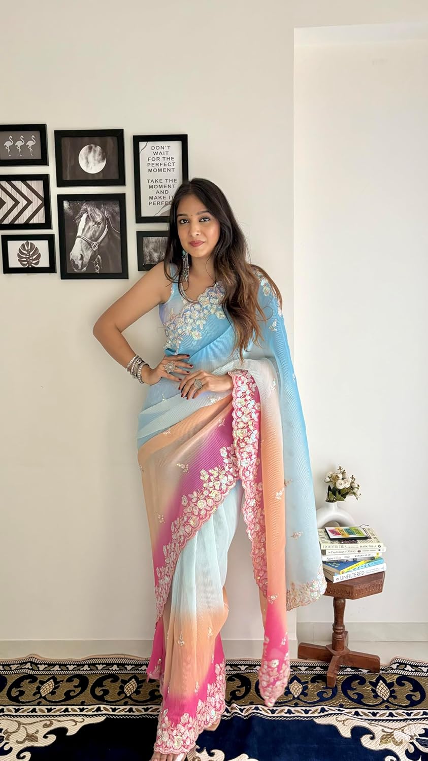 Vamika Embroidery Sky Blue Georgette Bollywood Saree - Distacart