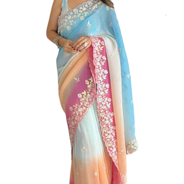 Vamika Embroidery Sky Blue Georgette Bollywood Saree - Distacart
