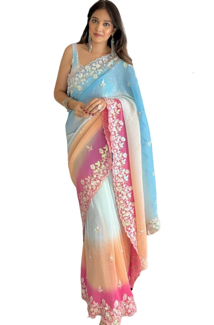 Vamika Embroidery Sky Blue Georgette Bollywood Saree - Distacart