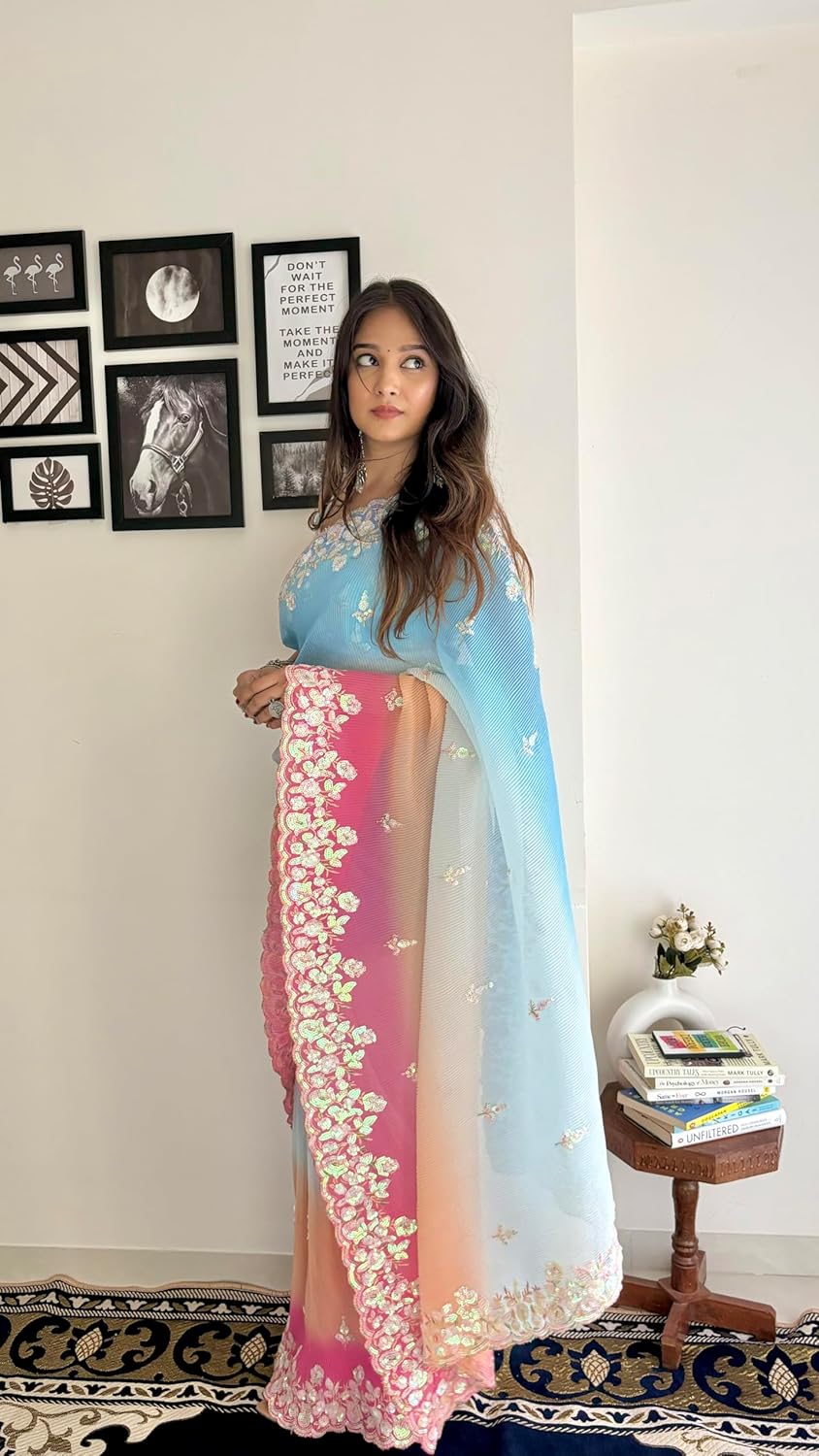 Vamika Embroidery Sky Blue Georgette Bollywood Saree - Distacart