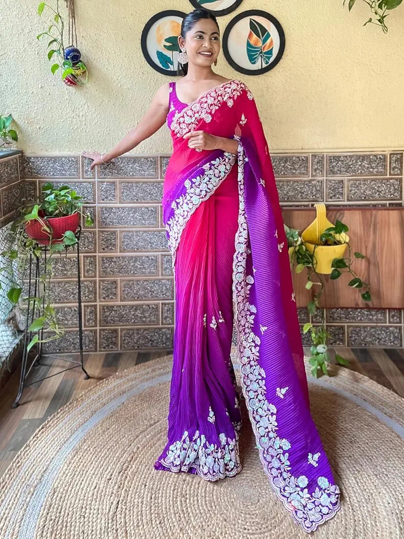 Vamika Embroidery Purple Georgette Bollywood Saree - Distacart
