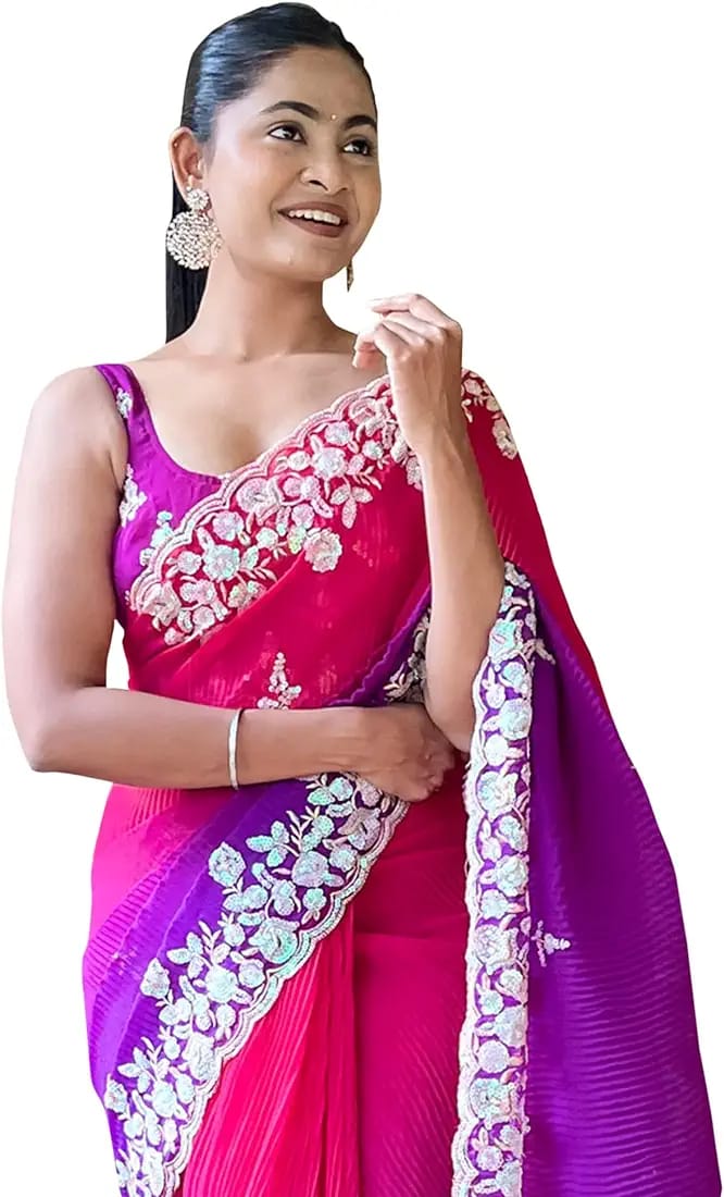 Vamika Embroidery Purple Georgette Bollywood Saree - Distacart