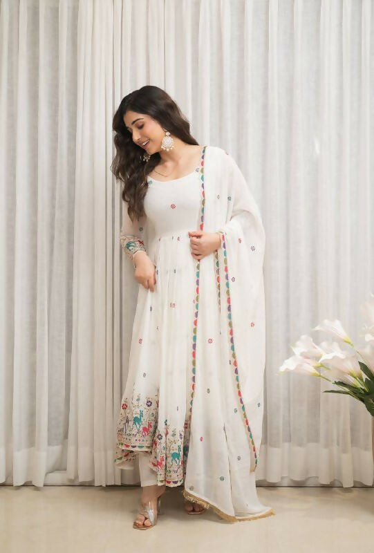 Joban Fashion White Georgette Sequence Embroidery Work Readymade Kurta Set - Distacart