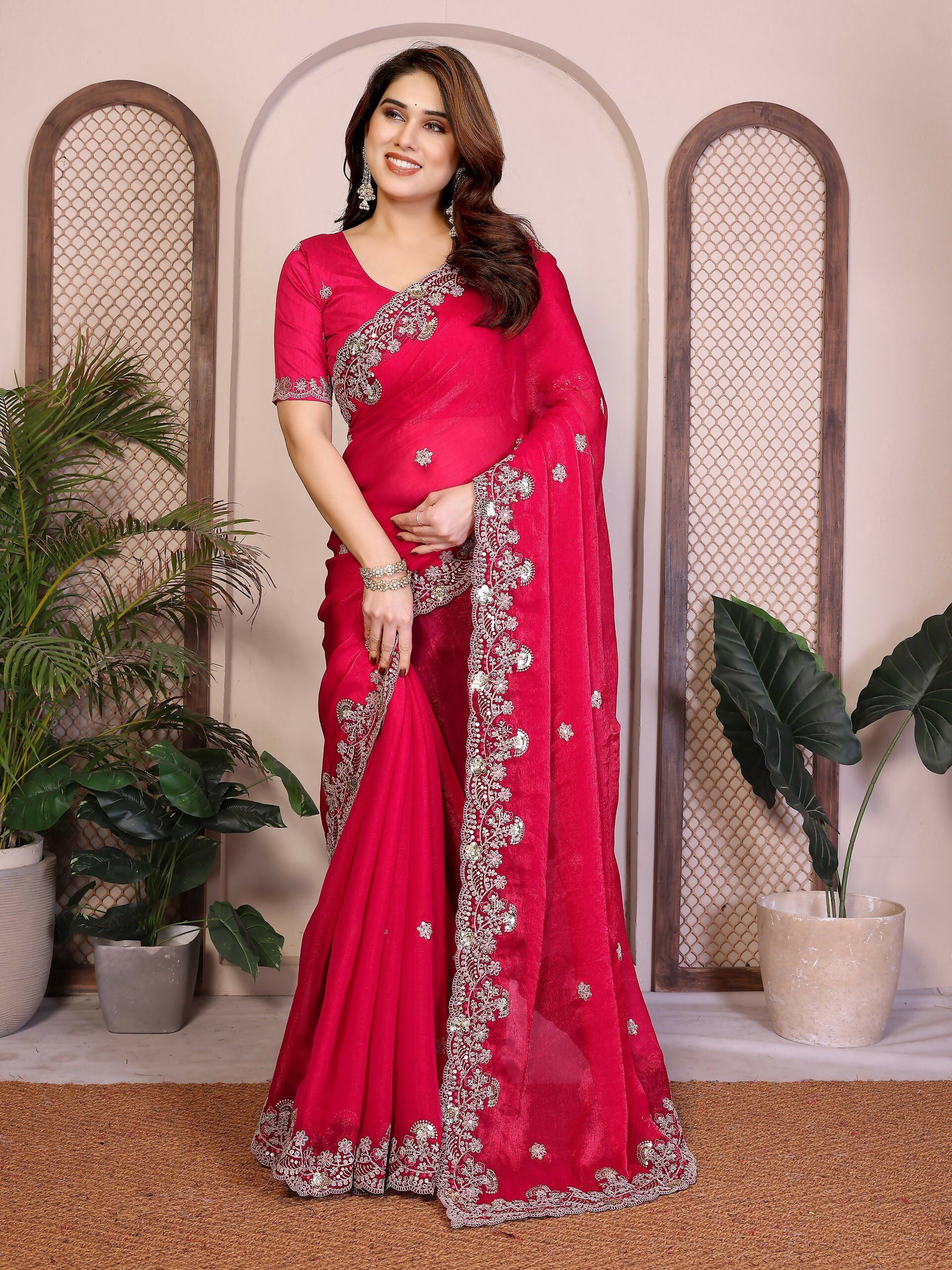 Teeya Creation New Womens Latest Party Wear Soft Chiffon Silk Saree-Pink - Dista