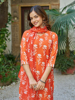 Thumbnail for The52 Orange Women's Beautiful Cotton Blend Fabric Printed Work Straight Kurta, Pant and Dupatta Set - Distacart