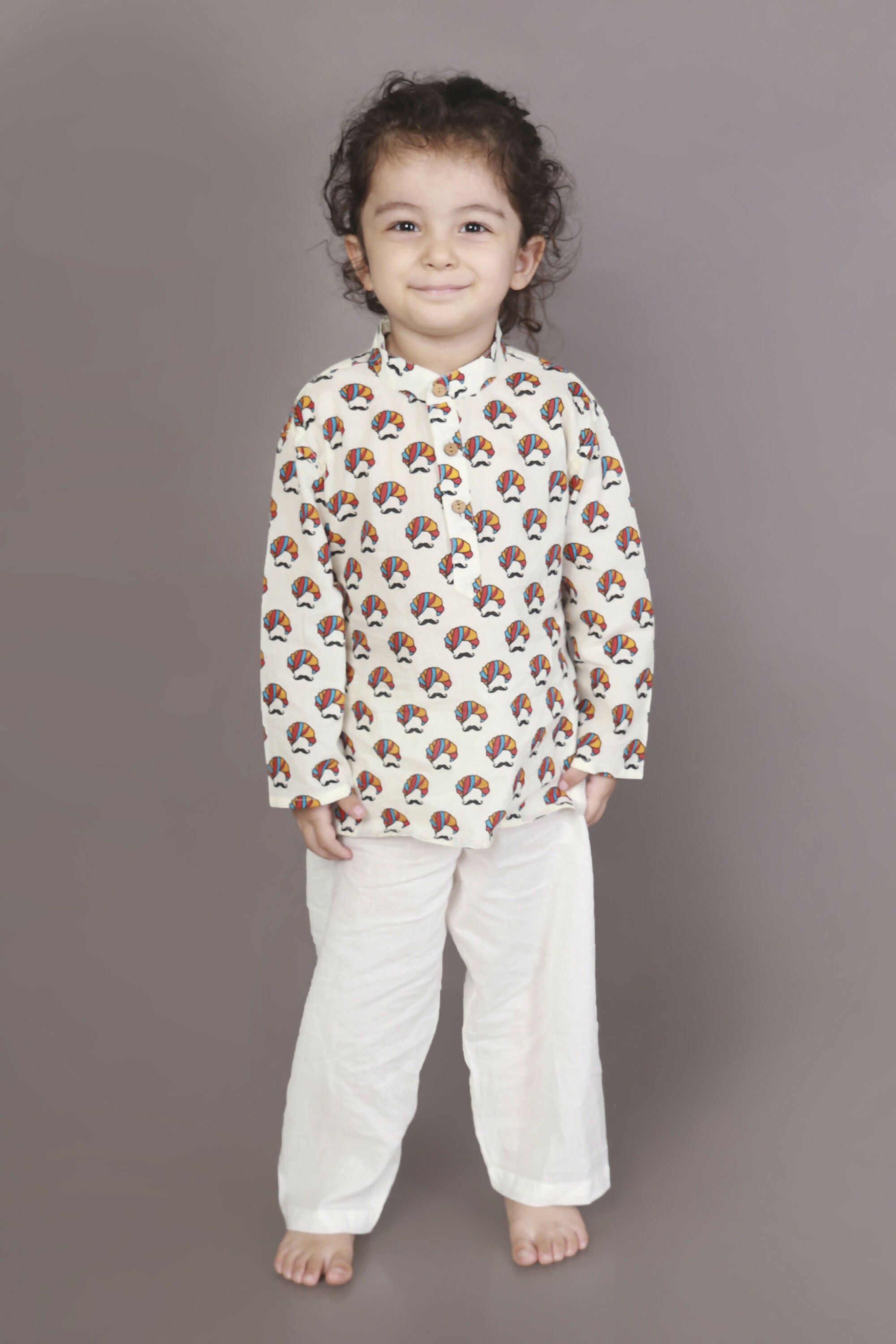 Breathables Kids Cotton Night Suit – White Turban Print Kurta & Pyjama Co-Ord Set For Boys & Girls - Dista