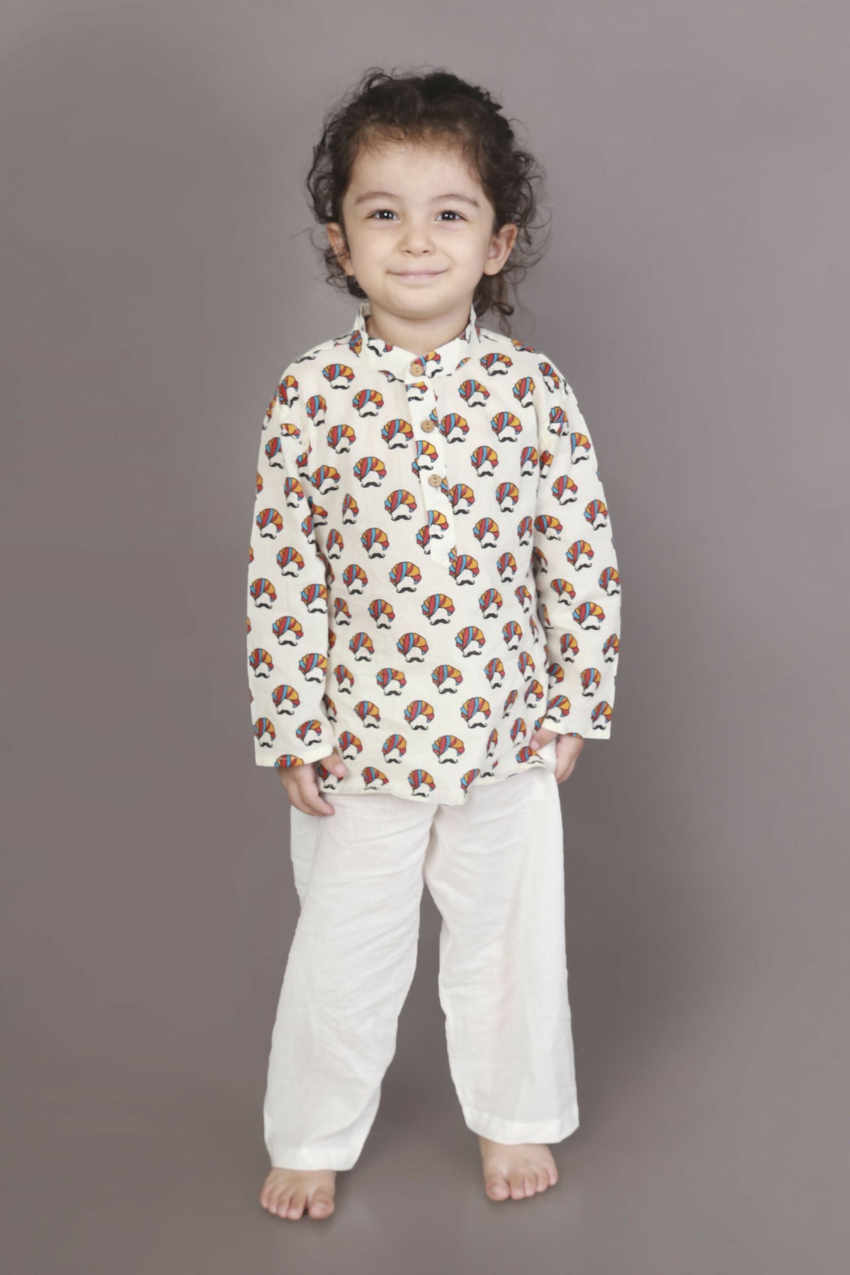 Breathables Kids Cotton Night Suit – White Turban Print Kurta & Pyjama Co-Ord Set For Boys & Girls - Dista