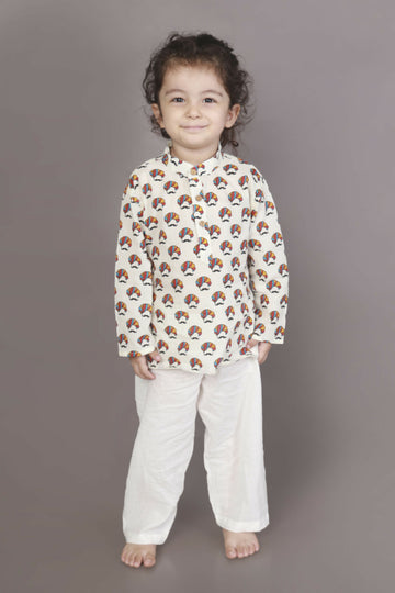 Breathables Kids Cotton Night Suit – White Turban Print Kurta & Pyjama Co-Ord Set For Boys & Girls - Dista