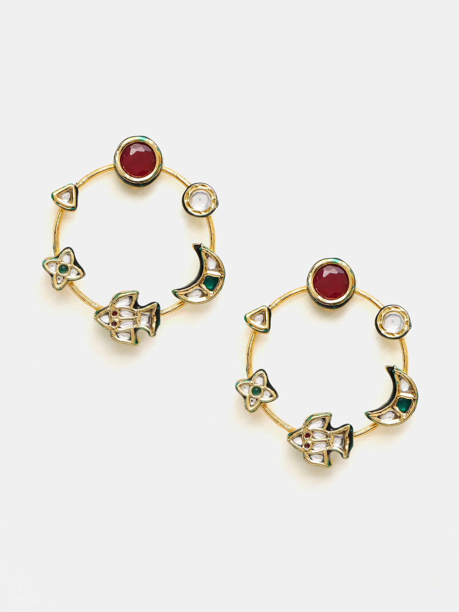 Ruby Raang Gold Polished Kundan Work Multi-Color Round Kundan Earrings