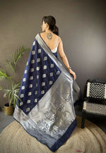 Thumbnail for Joban Fashion Navy Blue Floral Motifs Soft Silk Banarasi Saree - Distacart