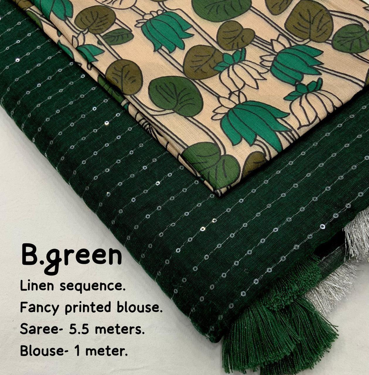 Green Linen Sequence Saree with Unstitched Blouse - Hiral Fashion - Distacart