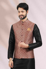 Thumbnail for Raivat Ethnic Jacquard Banarasi Silk Woven Work 3 Pics Jacket Set In Maroon Colour - Distacart