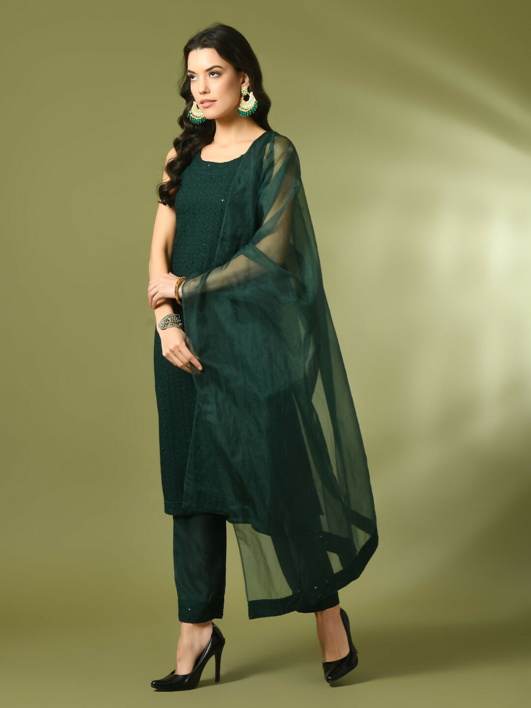 Myshka Women's Green Embroidered Cotton Straight Party Kurta Set With Dupatta - Distacart