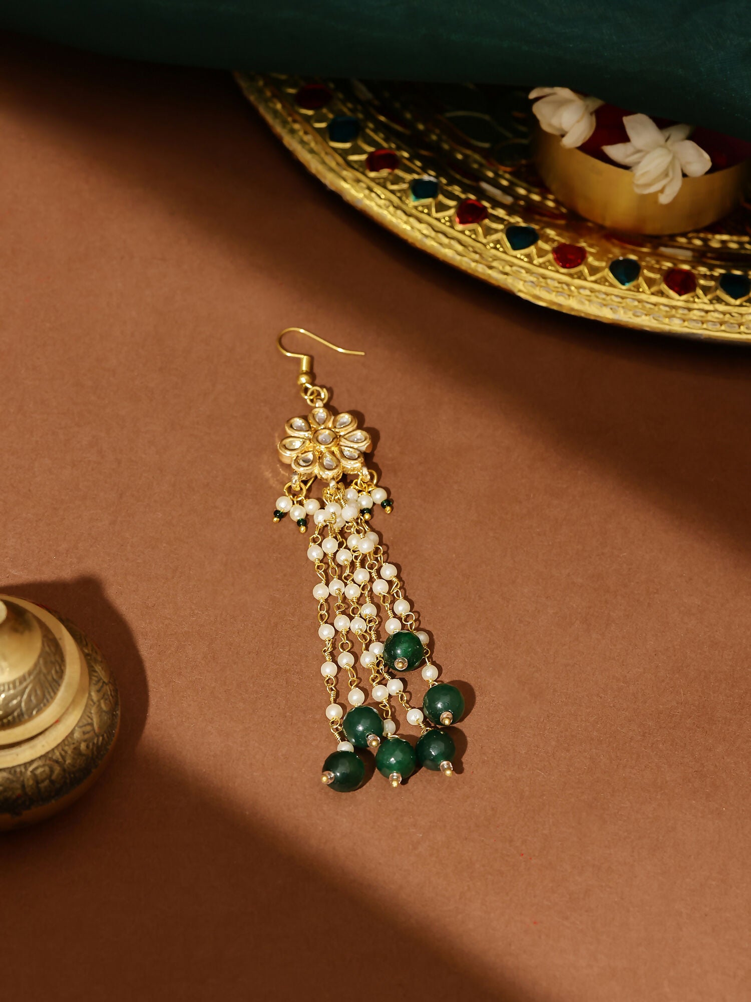 Ruby Raang Gold Flower Kundan & Green Stone Hair Jewelry