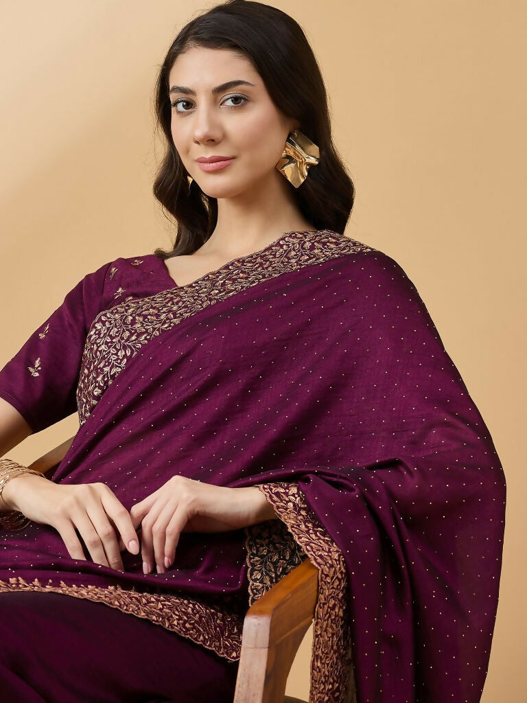 Purple Silk Blend Embroidered Saree with Unstitched Blouse - Vairagi - Distacart