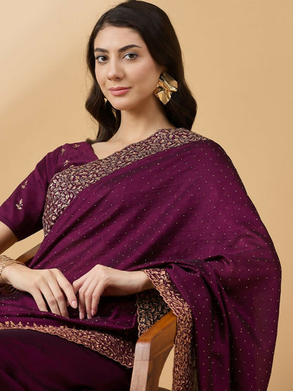 Purple Silk Blend Embroidered Saree with Unstitched Blouse - Vairagi - Distacart