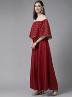 Thumbnail for Ahalyaa Womens Maroon Cotton Blend Gold Printed Dress - Distacart