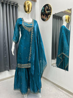 Thumbnail for Teeya Creation Teal Color Fendy Satin Silk Heavy Embroidery Work Sharara Suit - Distacart