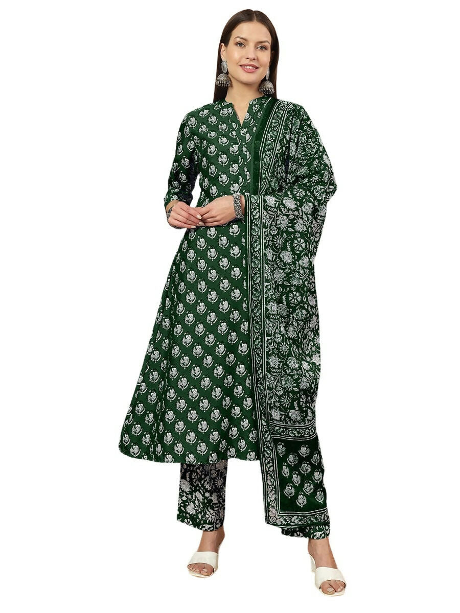 Vamika Poly Rayon Printed Bottle Green Party Wear/Casual Wear/Office Wear Kurta Set/Suit - Distacart