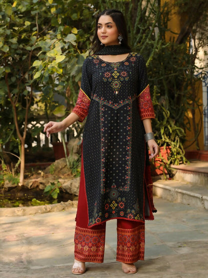 Juniper Black Ethnic Motif Placement Printed Rayon Kurta With Pant And Dupatta With Bead & Sequence Work - Distacart