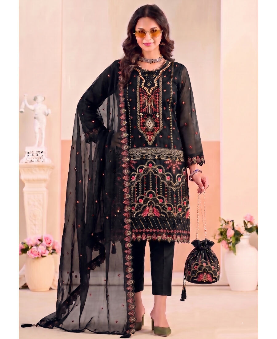 KC Black Pakistani Crunchy Silk Heavy Salwar Kameez For Women - Dista