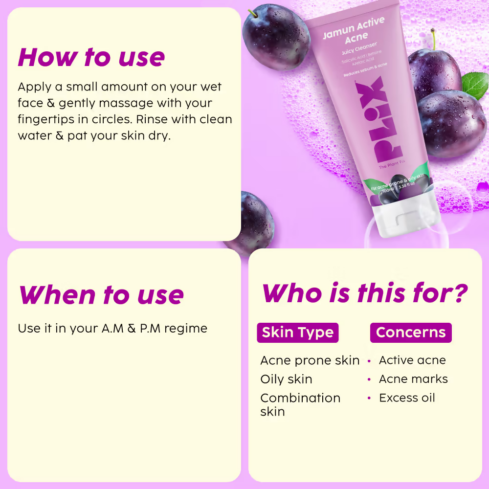 PLIX The Plant Fix Jamun Active Acne Regime - Cleanser, Acne Mark Serum, Moisturizer & Body Wash For Women & Men - Distacart