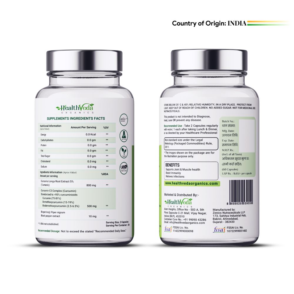 Health Veda Organics Curcumin C3 + Bioperine Capsules - Distacart