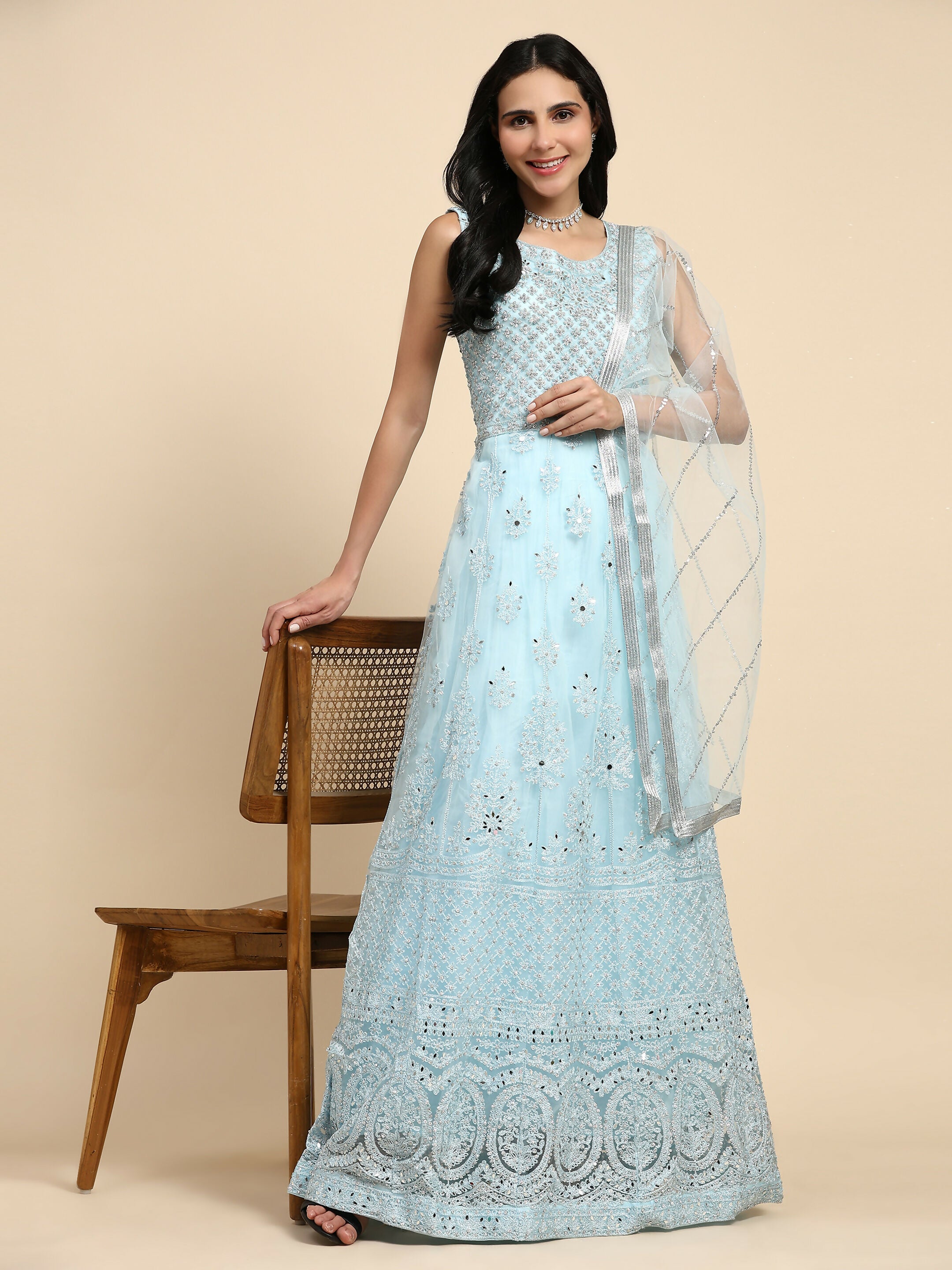Blue Net Hand Embroidered Gown - Rudrani - Distacart