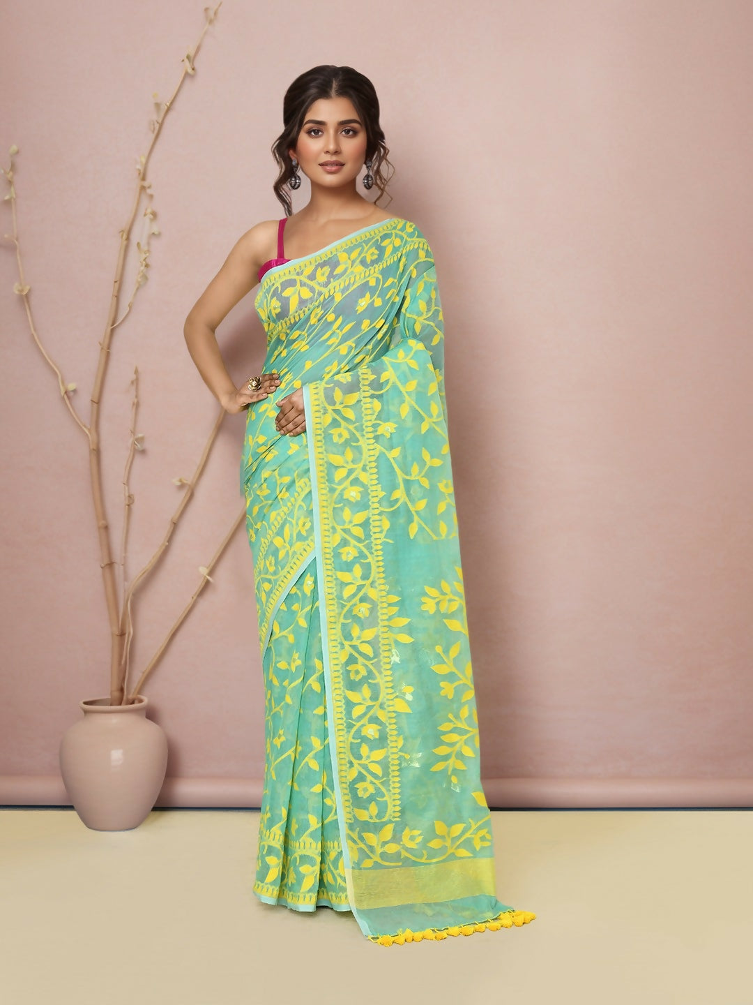 Joban Fashion Light Green Cotton Blend Jamdani Saree - Dista