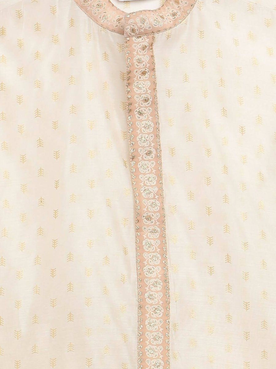 Ahalyaa Cream Chanderi Gold Print Kids Kurta Churidar Set For Boys - Distacart