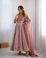 Thumbnail for The52 Women's Beautiful Fandy Silk Fabric Embroidery Work Flared Anarkali Pant and Dupatta Set - Distacart