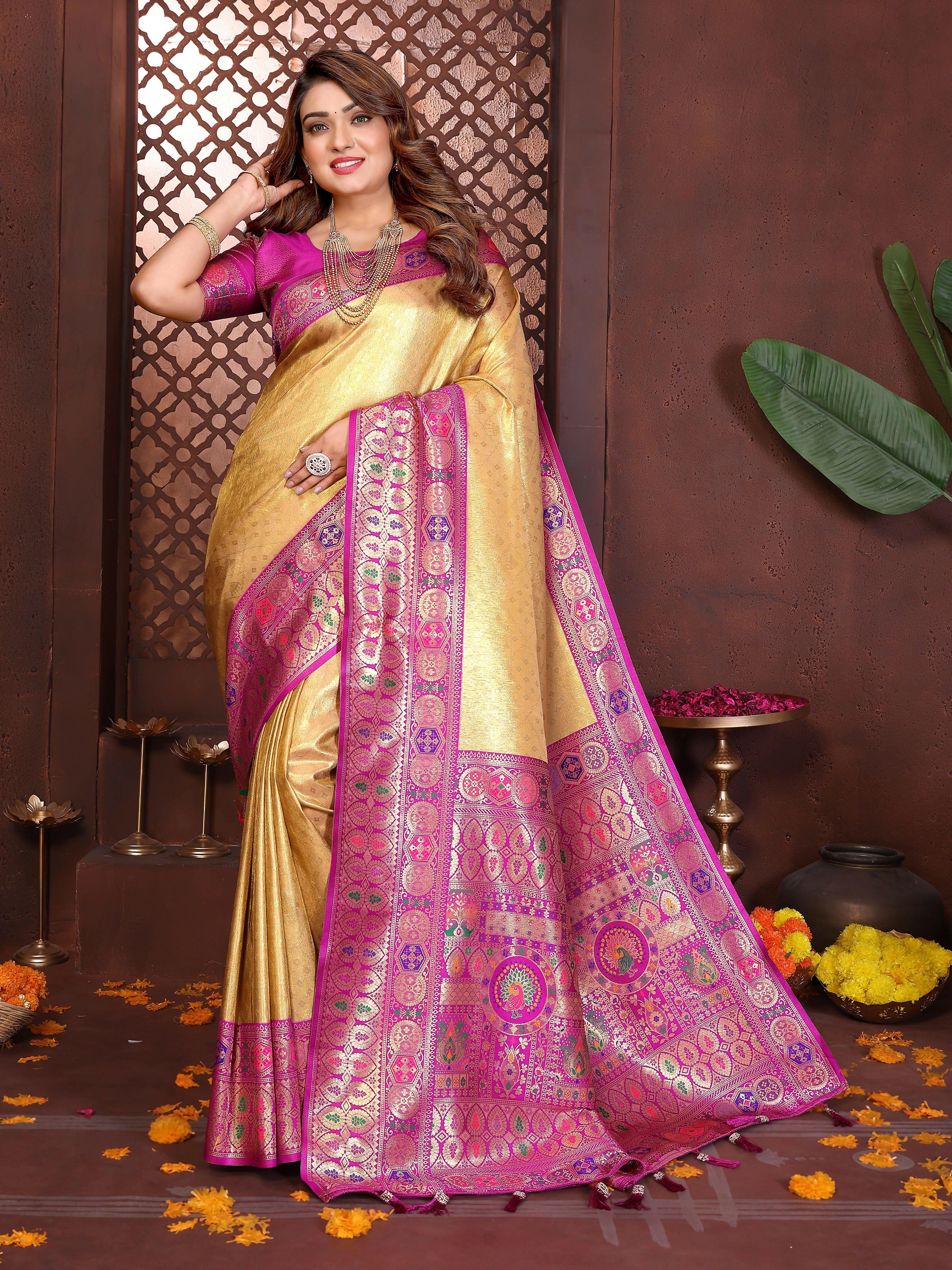 Aastha Fashion Yellow Tissue Silk Weaving Saree - Distacart
