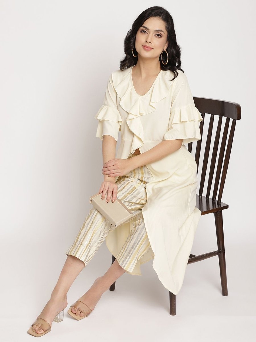 Ahalyaa Women Off White Layered Kurta With Trousers