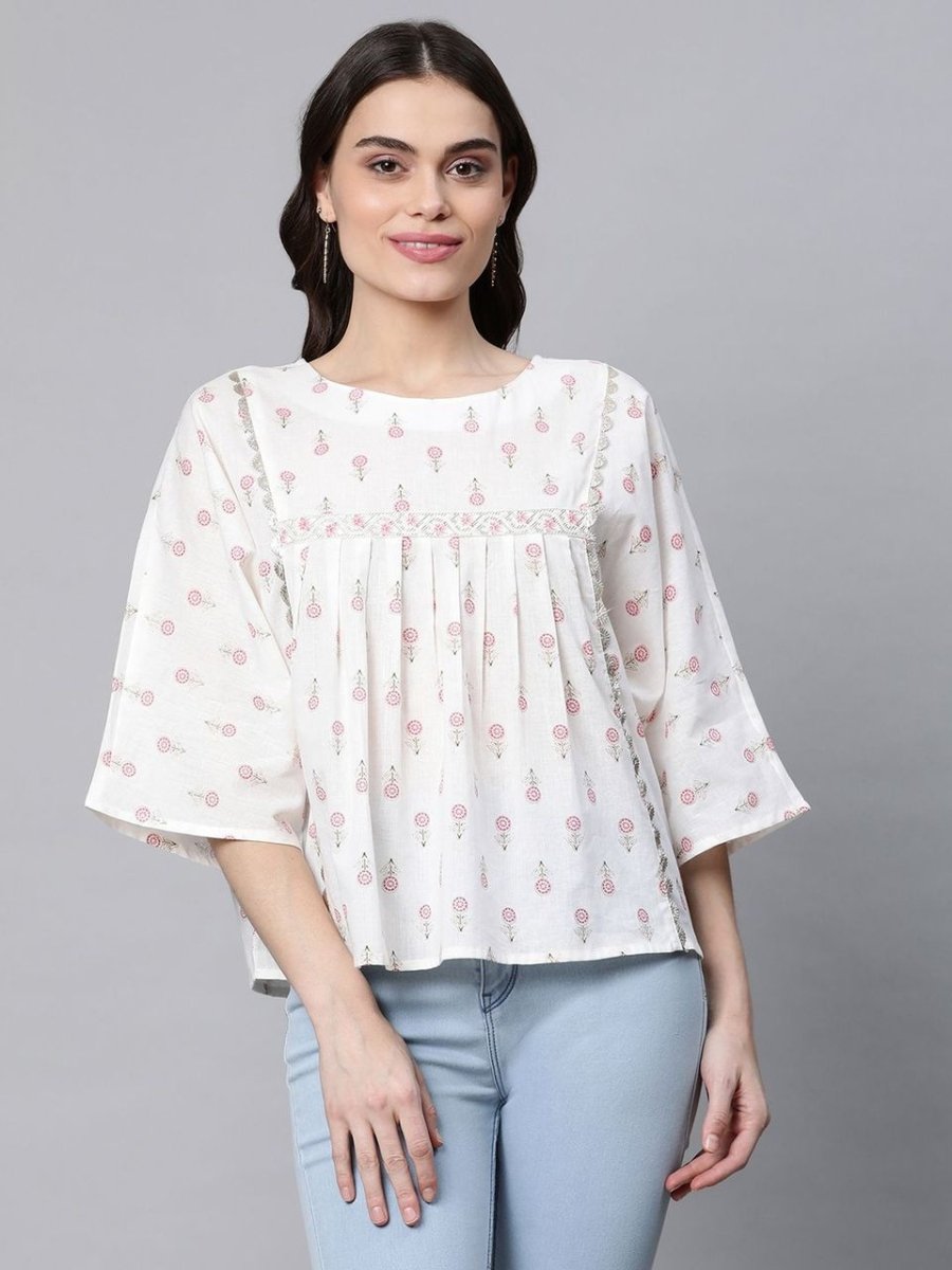 Ahalyaa Off White Pure Cotton Floral Printed Tunic - Distacart
