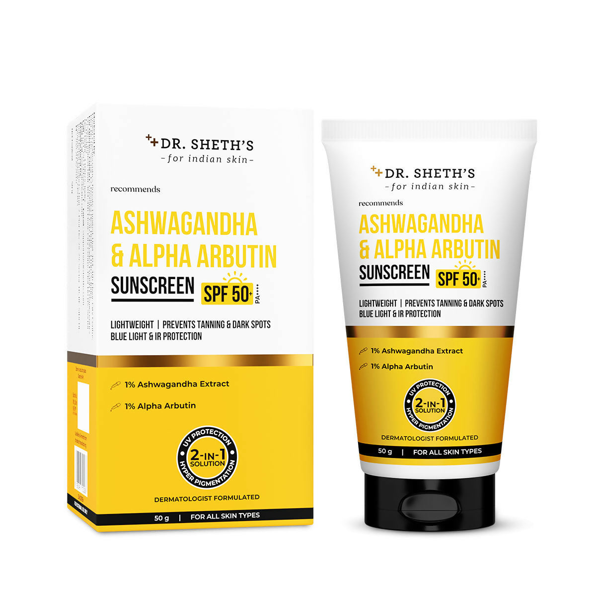 Dr. Sheth's Ashwagandha & Alpha Arbutin Sunscreen SPF 50+ PA++++ - Distacart