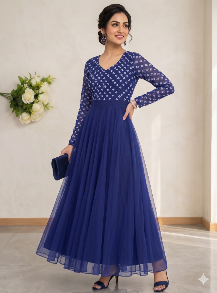 Teeya Creation Women's Royal Blue Bandhani Print Anarkali Gown - Dista