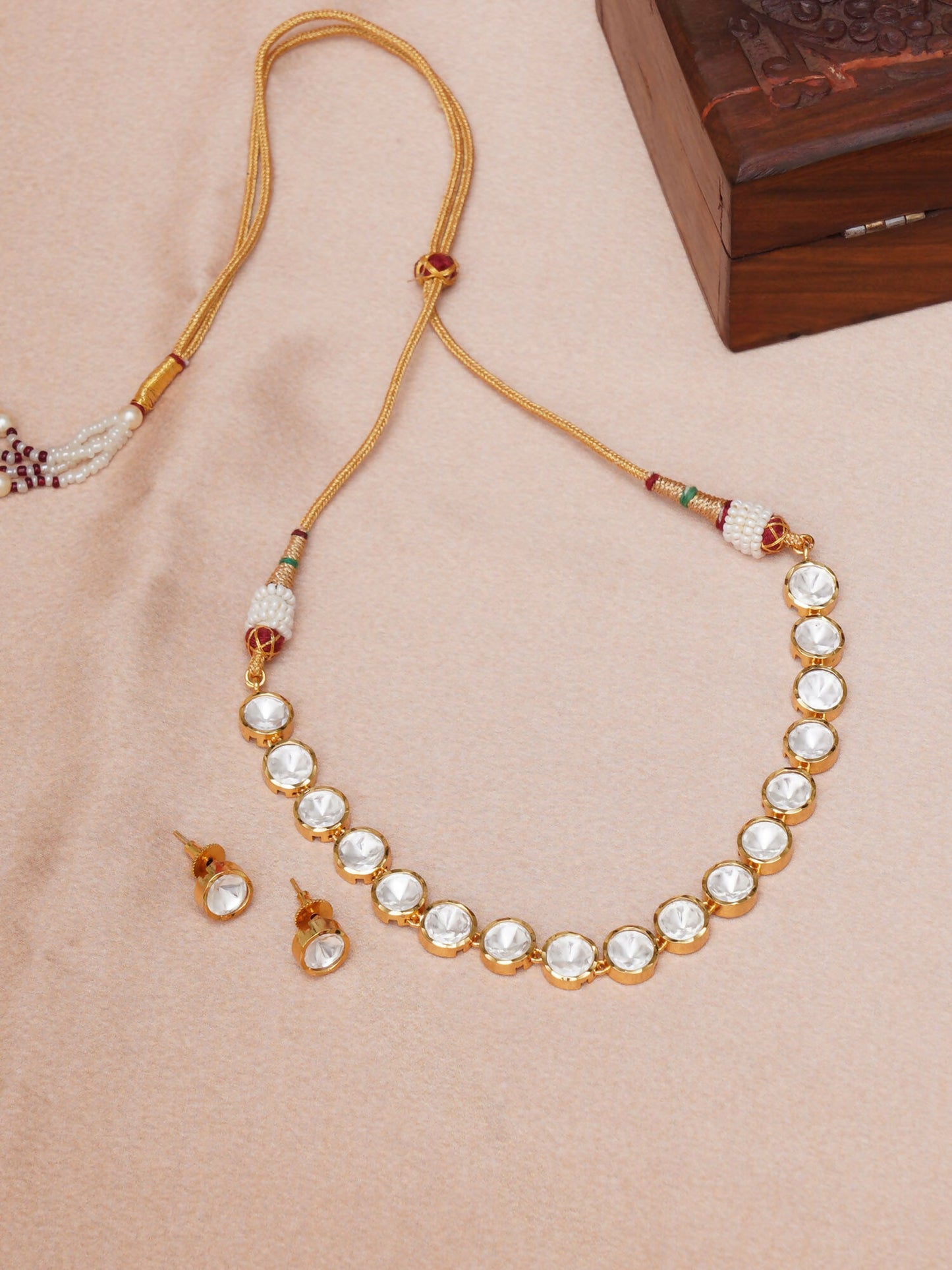 Kundan Choker with Studs Jewellery Set (Gold) - Ruby Raang - Distacart