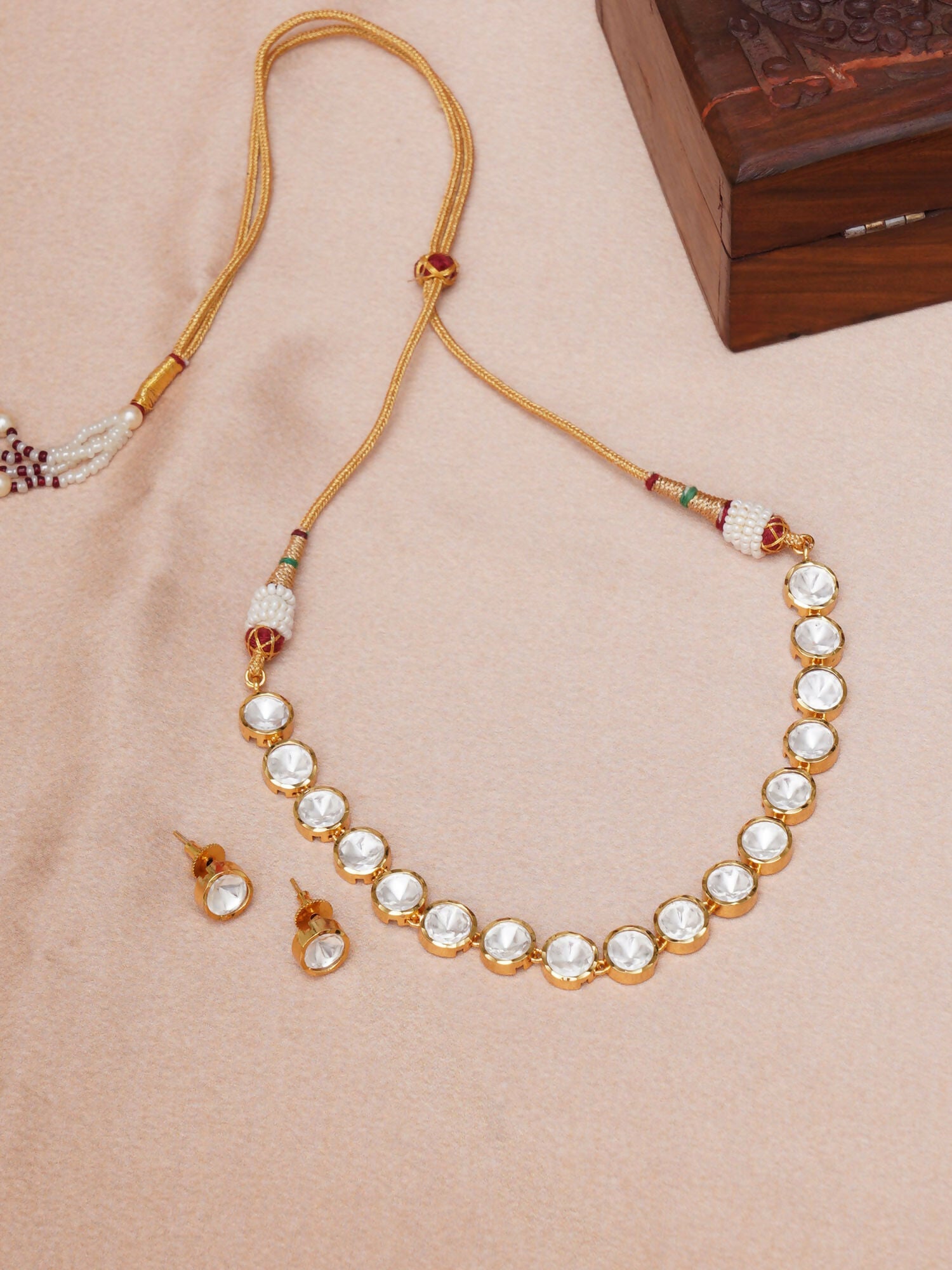 Kundan Choker with Studs Jewellery Set (Gold) - Ruby Raang - Distacart
