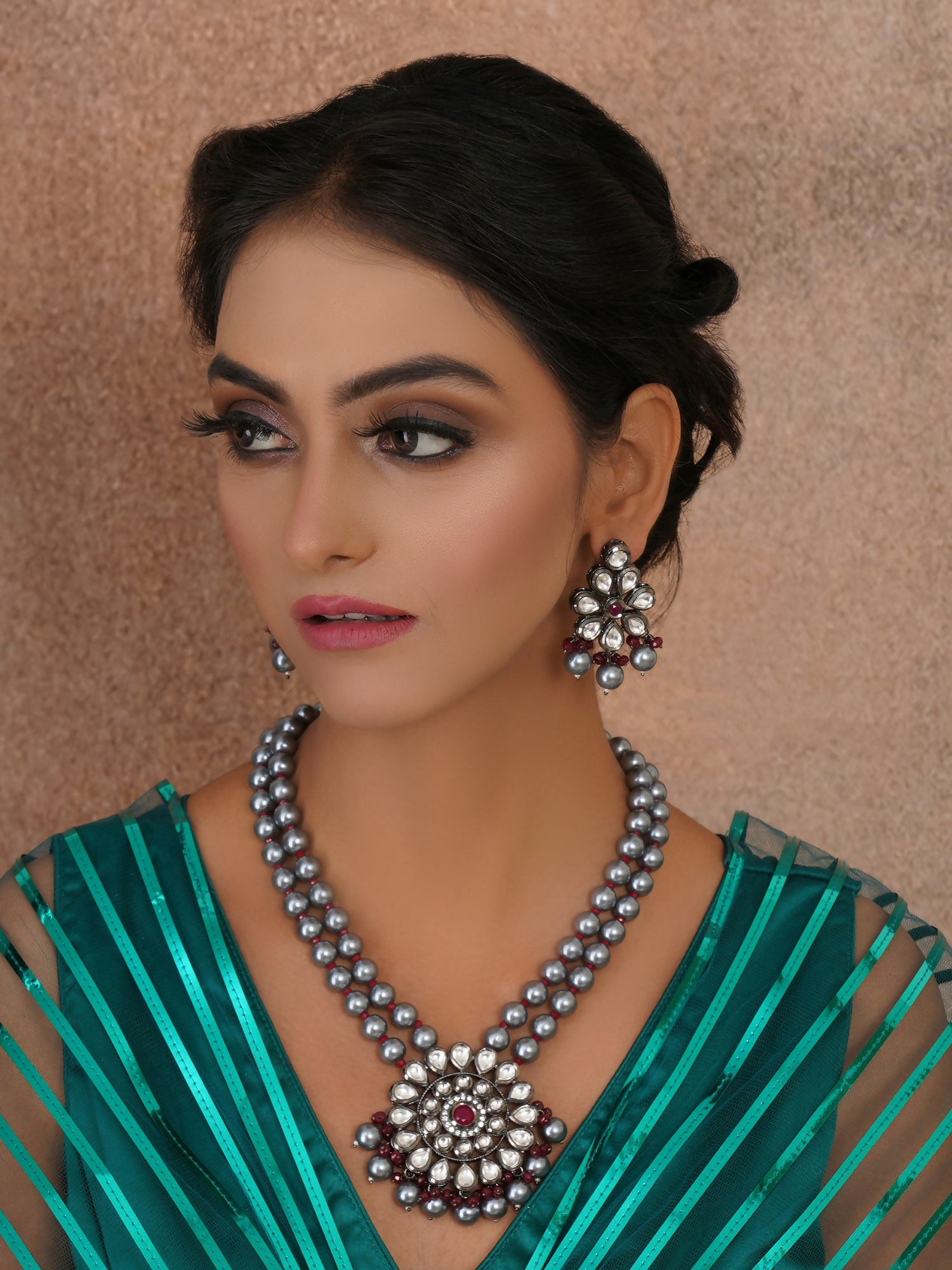 Long Kundan Neckpiece with Earrings with Multi Stones Jewellery Set (Grey) - Ruby Raang - Distacart