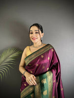 Thumbnail for Joban Fashion Wine Banarasi Soft Silk Woven Butti Saree - Distacart