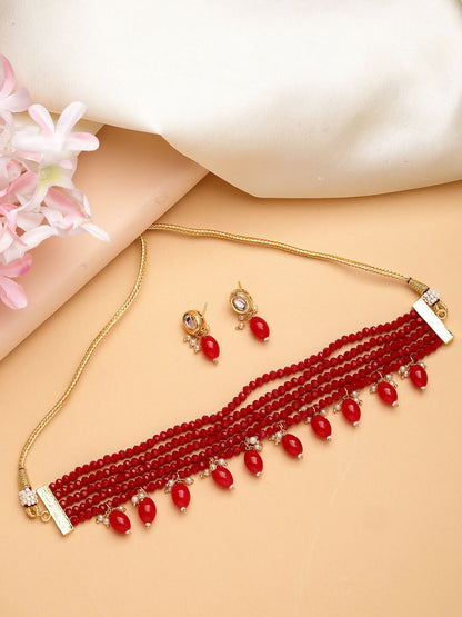 NVR Women's Red Artificial Beads Layered Necklace with Drop Earring - Distacart