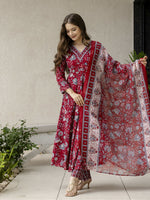 Thumbnail for The52 Maroon Women's Gorgeous Rayon Fabric Printed Work Flared Kurta, Pant and Dupatta Set - Distacart