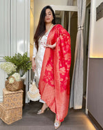 Thumbnail for The52 White Women's Beautiful Chanderi Jacquard Fabric Embroidered Work Straight Kurta Pant and Dupatta Set - Distacart