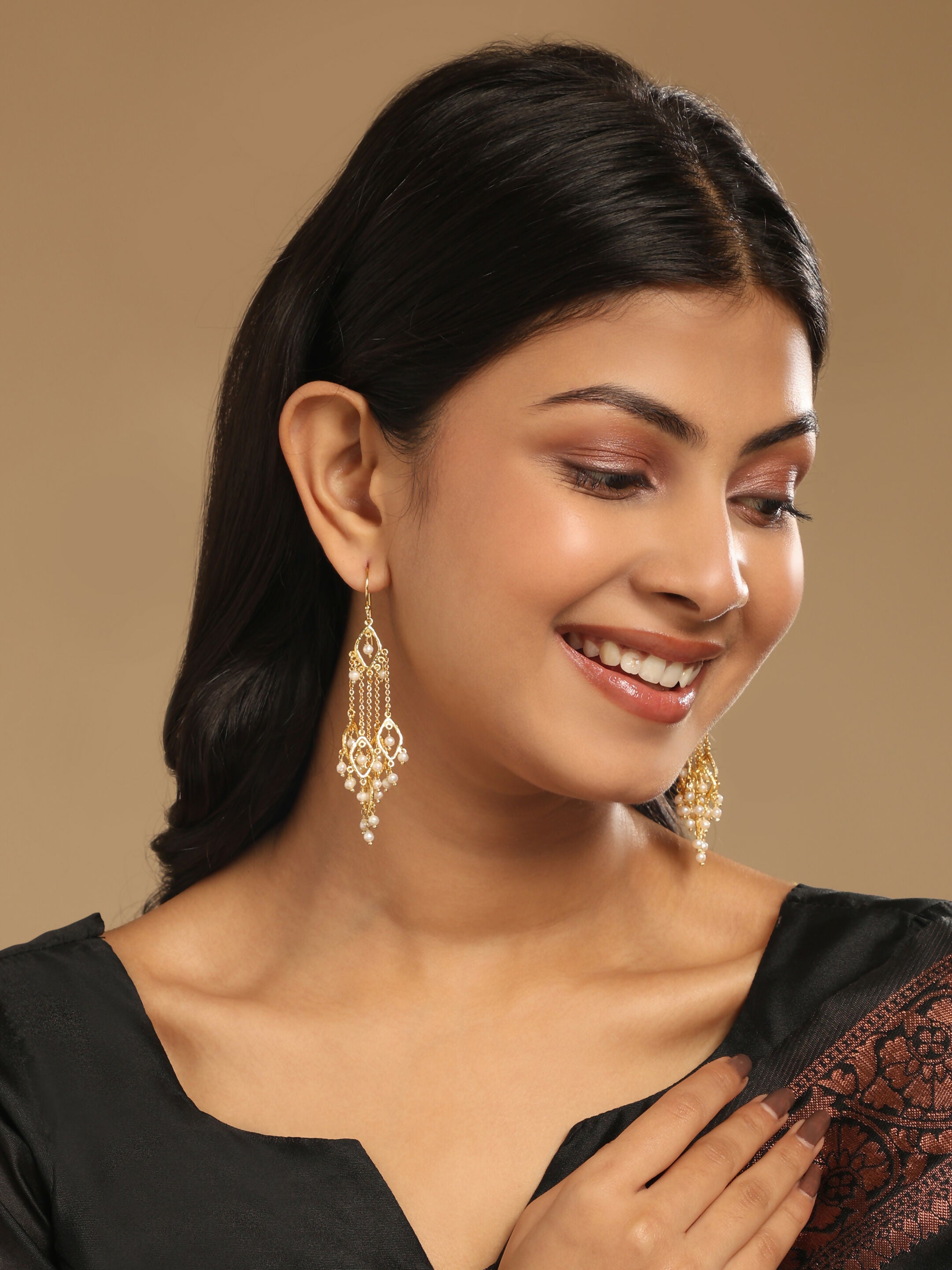 Nuyug 18k String of Pearls Gold Anti Tarnish Earrings