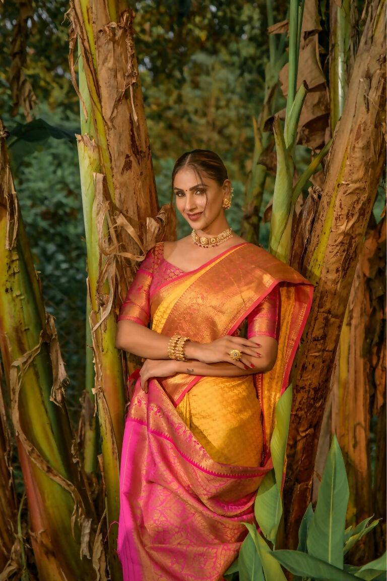 Jyoti Fashion Women's Yellow Kanjivaram Silk Zari Woven Saree with Blouse - Distacart