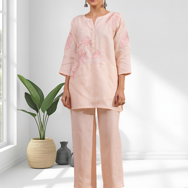 Joban Fashion Pink Linen Embroidered Readymade Cord Set - Distacart