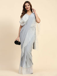 Thumbnail for Light Grey Lycra Solid Ready to Wear Saree with stitched Blouse - Nita - Distacart