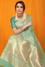 Thumbnail for Jyoti Fashion Women's Sea Green Kanjivaram Silk Zari Woven Saree with Blouse - Distacart