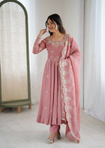 Thumbnail for Teeya Creation Peach Color Crunchy Silk Embroidery Work Wedding Wear Gown - Distacart