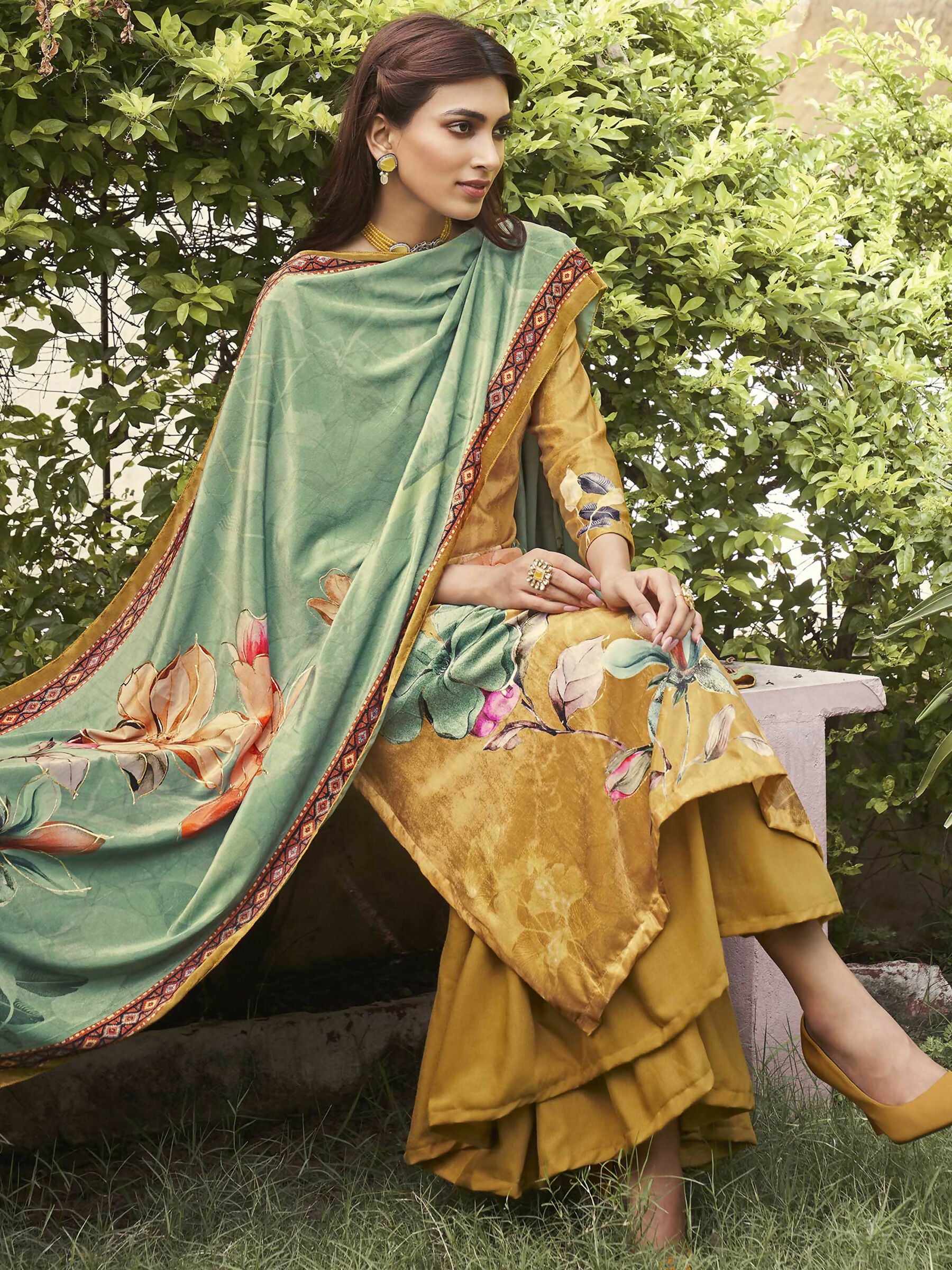 Jyoti Fashion Women's Mustard Velvet Floral Digital Printed Kurta with Trouser & Dupatta - Distacart